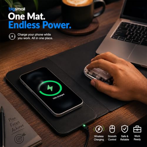 Image of Bigsmall 3-in-1 Laptop Desk Mat with Wireless Charger, Mouse Pad & Phone Charging Stand, Compatible with MacBook, iPad, Surface, Dell, HP, Lenovo & ASUS Laptops Up to 14 Inch, Non-Slip Desk Organizer