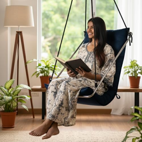 Image of Premium Hanging Swing Chair for Adults | Luxury Cotton Hammock Swing with Stainless Steel Frame for Balcony, Garden & Indoor Living Room | Heavy Duty Outdoor Patio Swing by Curio Centre (Blue)