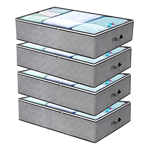 ASelected 90L Underbed Storage Bags, 4 Pack Under Bed Storage Box with Reinforced Handles and Zip, Large Clothes Storage Bag with Clear Window, Clothes Storage Boxes for Quilts, Blankets & Clothes