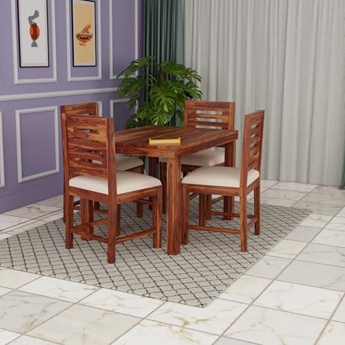 Image of Dining Table 4 Seater with Chairs | Sheesham Wooden Four Seater Dinning Table with Cushioned Chairs for Restaurant | Dinner Table 4 Seater | Dining Room Set