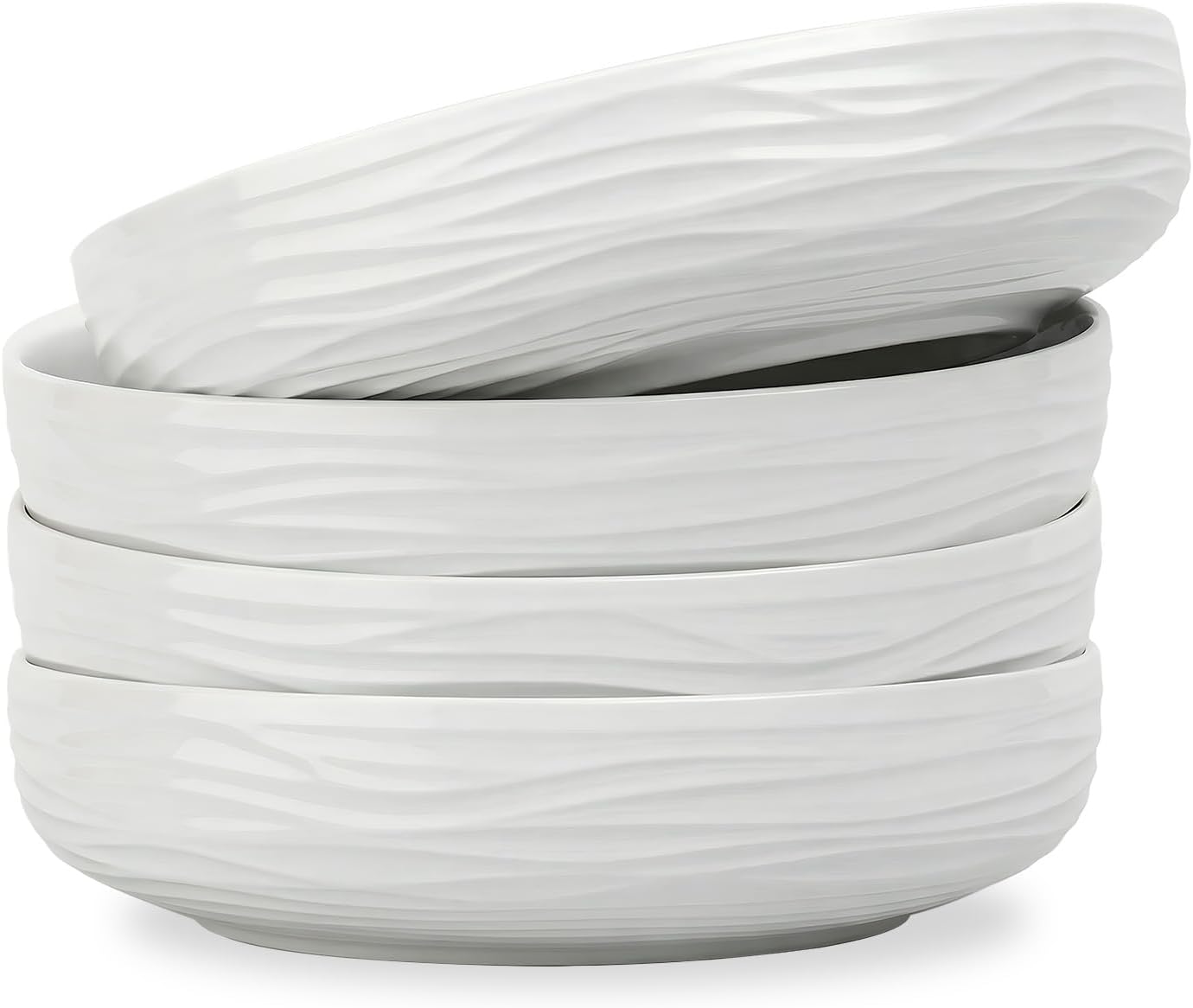 CHILDIKE 8 Inch White Pasta Bowls Set of 4, 33oz Ribbed Ceramic Salad Bowls - Microwave Oven Dishwasher Safe, Ideal Gift
