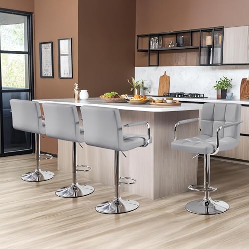 Image of Yaheetech Bar Stools Set of 4, Adjustable Swivel with Backs, Light Gray