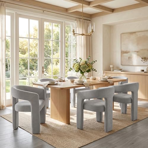 Image of HNY Modern Barrel Kitchen & Dining Room Chairs Set of 6, Chenille Upholstered Accent Chairs with Arm, 18.5'' Wide Side Armchairs Vanity Chairs for Living Room Bedroom Makeup Small Spaces, Grey