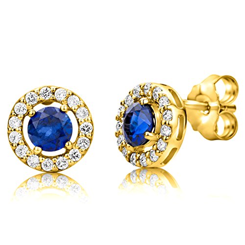 ByJoy Pendientes Mujer Plata de Ley (925/1000) Plata Redondo Azul Zafiro Sintético Circonita