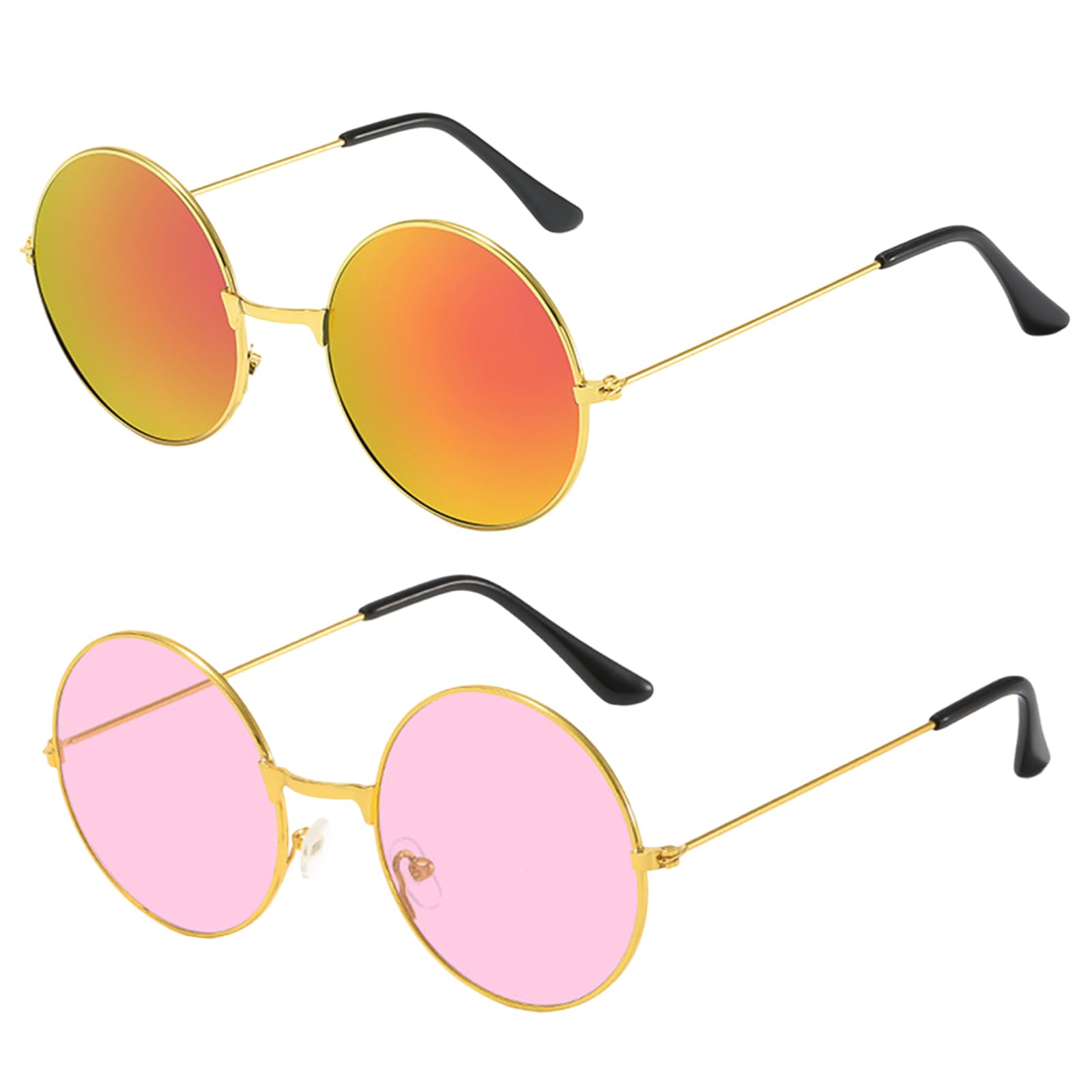 2 PCS Hippy Specs Sunglasses, Metal Round Glasses Pink And Orange Circle Retro Glasses Hippie Round Festival Vintage Sunglasses Disco GlassColored Lens Fancy Dress Sunglass