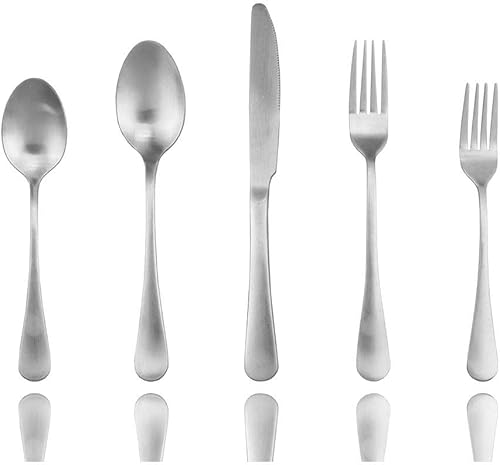 JASHII Juego de cubiertos plateados mate, juego de cubiertos de acero inoxidable de 20 piezas con acabado satinado, juego de utensilios de cocina