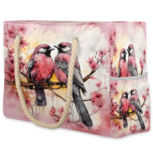 Pink Floral Bird Large Beach Bag Waterproof Beach Bag for Women Oversized Sandproof Beach Tote Bag with Zipper for Gym Travel Daily Pool Bag Big Tote
