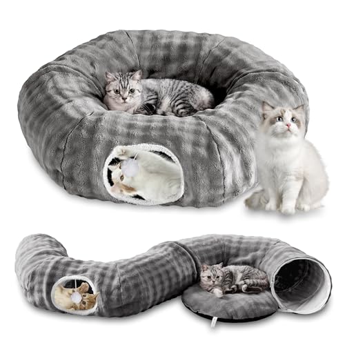 Image of Bubble Cat Tunnel for Indoor Cats, Round Peekaboo Cave Toy with Dangling Balls, Donut Tunnel Bed with Circle Mat for Puppy Kitten Rabbit, Grey