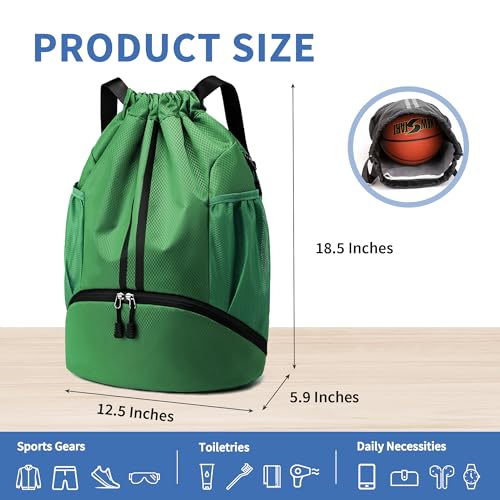 Image of JELUTAR Drawstring Backpack Gym Bag with Shoes Pocket, Dark Green | Water-Resistant String Backpack for Soccer, Basketball, Swim, Beach Cinch for Women Men, 22 L Large Capacity, Wet Pocket