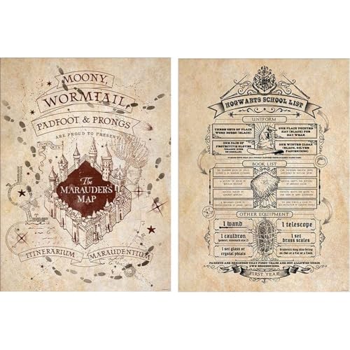 Pyramid International Harry Potter Set de 2 Affiches, La Carte du Maraudeur et Liste de Fournitures Scolaires, 52 x 38 cm