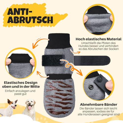 Eyein Hundesocken, 2 Paar Doppelseitige Anti-Rutsch Socken mit verstellbarem Klettverschluss für Hunde - Pfotenschutz auf Hartholzböden in Innenräumen Winter (Grau, XL)