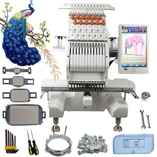 Máquina de bordado industrial automática, costura de alta velocidad de 12 agujas, gran área de bordado de 20 x 30 cm, estable para diseños de tapas y tela, pantalla táctil de 10 pulgadas para un fácil