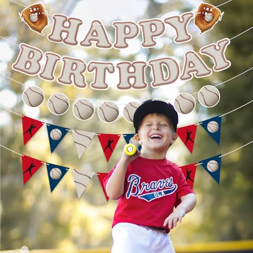 Image of Pre-Strung Baseball Happy Birthday Banner, Baseball Themed Birthday Party Decorations Hanging Banner, Sports Party Decorations Supplies