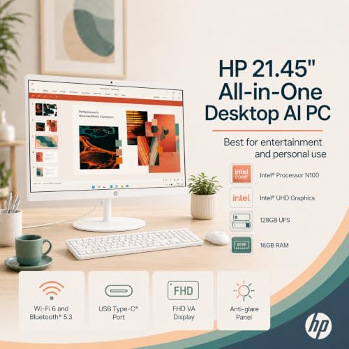 Image of HP 22 inch All-in-One Desktop Computer, 16GB DDR5 RAM, 640GB Storage