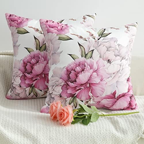 Pink Floral Throw Pillow Covers Decorative White Peony Square Cushion Cover Luxury Double-Sided Decoration Flower Pillowcase for Sofa Living Room Bedroom Decor 18X18 Inch,Set of 2 Summer