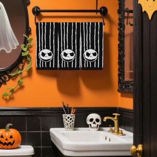 Halloween Striped Skull Hand Towels 3 Pack, Reversible Cotton Decor - image 7