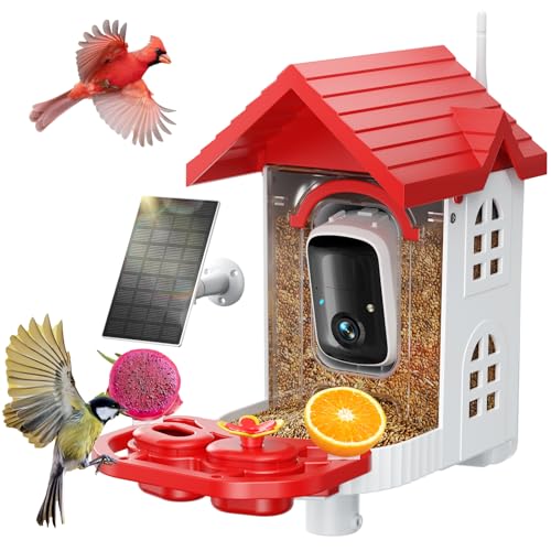 SV3C Bird Feeder with Camera, Smart Bird Feeder Camera with AI Identify BirdSpecies, Solar Powered, Instant Alerts, 2K HD Video, Various DIY Addons, 2.4G WiFi, Gift for Mom Dad and Birdlover (Red)
