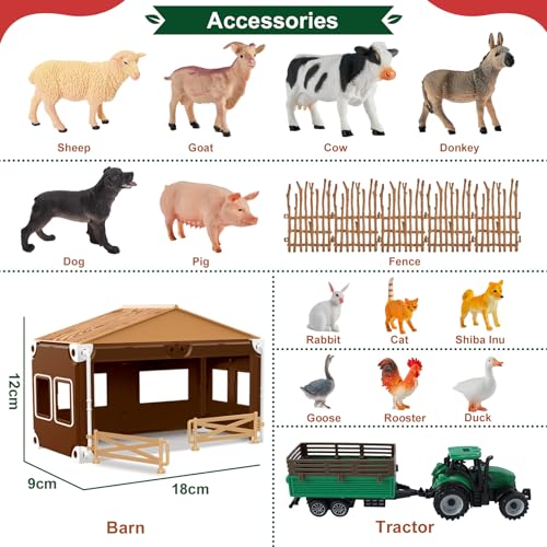 BUYGER Bauernhof Tiere Figuren Spielzeug ab 3 Jahre mit Scheune, Traktor Anhänger e Zäune, Realistische Tierfiguren Set, Lernspielzeug Geschenke für Mädchen Jungen ab 3 Jahre