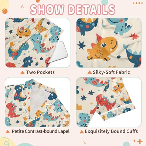 senya Colorful Cartoon Dinosaur Satin Summer Pajama Sets Silk Short Sleeve Button Down Sleepwear3