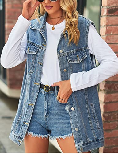 Zontroldy Denim Jean Vest for Women Sleeveless Oversized Button Down Denim Jean Vest Waistcoat Shacket Jacket2