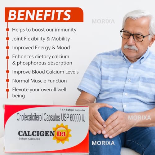 Image of MORIXA Calcigenn D3 Capsule | Cholecalciferol 60000 IU Vitamin D3 Supplement | Softgel Capsules | 4x5 Strips (20 Capsules)