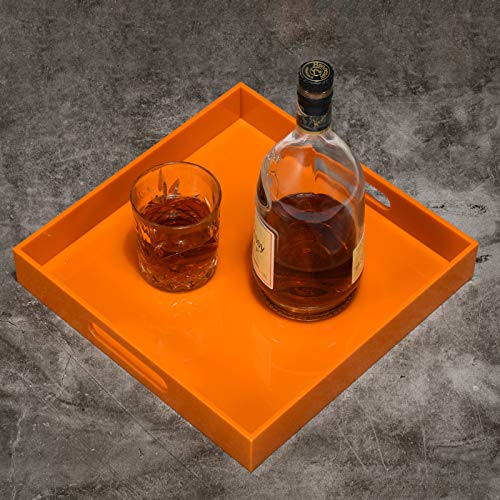 Kevlang Orange Sturdy Acrylic Serving Tray With Handles-12X12Inch-Serving Coffee,Food,Breakfast,Butler-Kitchen Countertop Tray-Makeup Drawer Organizer-Vanity Table,Ottoman Tray-Decorative Tray #TOP1