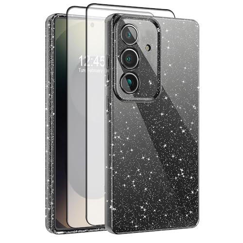 CaseLover Funda para Samsung Galaxy A25 5G Glitter, Carcasa Purpurina con 2 Protector Pantalla Cute Brillante Ultrafina Protectora Suave TPU Silicona Anti-Choques Fundas para Samsung A25, Negro