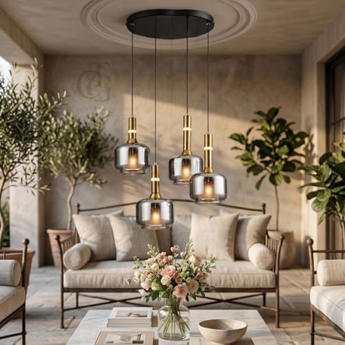 Image of Set of 4-Heads Box-Shaped Glass Hanging Pendant Light|Modern Cube Cluster Ceiling Lamp with Metal Base|Smoke-Glass for Living Room, Dining & Cafe