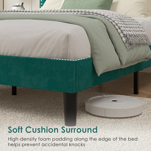 Image of VECELO Full Size Platform Bed Frame with Height Adjustable Upholstered Headboard, Modern Mattress Foundation,Strong Wood Slat Support, No Box Spring Needed, Easy Assembly,Dark Green