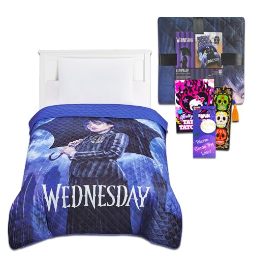 Wednesday Addams Twin Bedspread Set for Kids - Quilted Bedding Bundle With Bookmark | Girls Bedding
