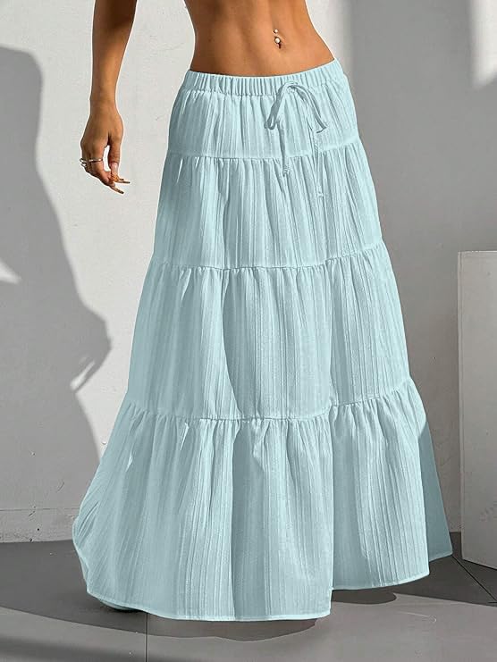 Image of Jawdrobe Women's Georgette Ruffle Hem Long Flared Skirt Lightweight Soft Fabric| High-Waisted Ruffled Maxi Plain and Pleated Skirt
