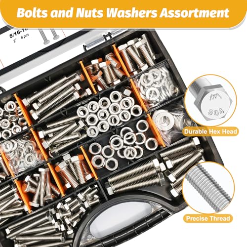 Image of Kadrick 456Pcs 18-8(304) Stainless Steel Hex Bolts Assortment,1 /4-20 5 /16-18 3 /8-16 Heavy Duty Bolts and Nuts Kit, Assorted SAE Bolts Nuts Flat&Lock Washers,Lenth Form 1 /2''-2''
