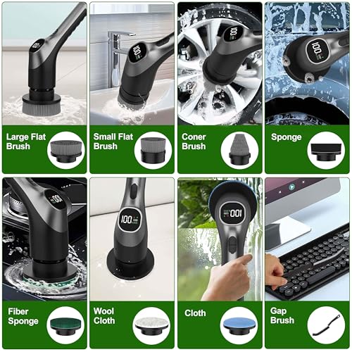 Brosse Nettoyage Electrique, 7 en 1 Brosse Rotative Nettoyage, IPX7 Étanche Nettoyeur de Douche, 2 Vitesses et Manche Réglable pour Salle de Bain, Cuisine, Voiture (Noir) – Image 5