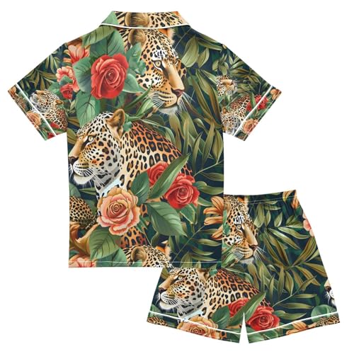 senya Tropical Leopards A Satin Summer Pajama Sets Silk Short Sleeve Button Down Sleepwear2