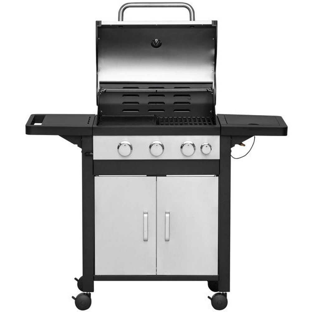 BAKAJI Barbecue a Gas Monterey 3 Fuochi Bruciatori Fornello Laterale Piastra Ghisa Griglia Termometro Coperchio