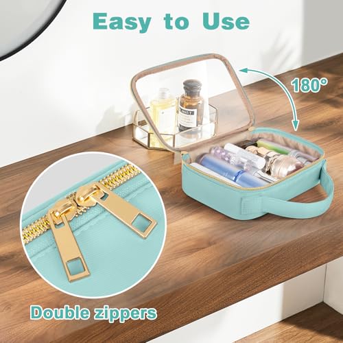 Image of Wedama TSA Approved Toiletry Bag, 3 Pack Clear Makeup Bags with Handles, Quart Size PVC Clear Cosmetic Bags for Women and Men, Carry on Airport Airline Compliant Bag, Cyan Green