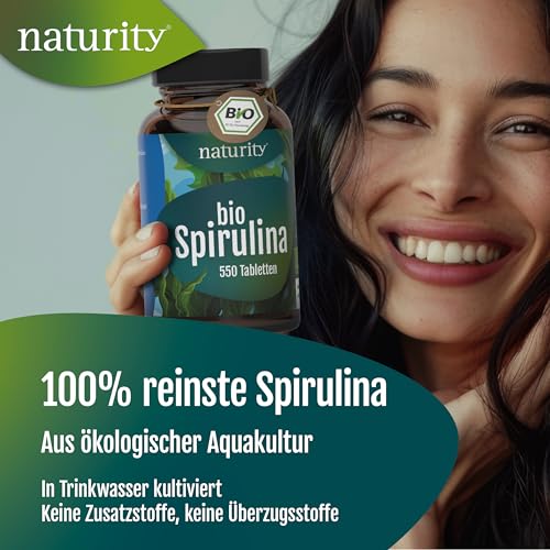 BIO Spirulina Tabletten I 550 Presslinge, 100% gemahlene Spirulina I Mit natürlichem Eisen-Gehalt I Ökologisch kultiviert & Bio-zertifiziert I Vegan, ohne Zusätze & Rückstände I Naturity