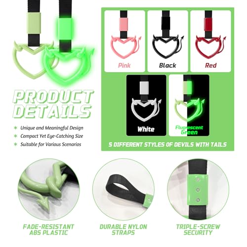 Image of 2 Pcs Devil Heart Shaped Car Handle Strap - JD M Drift Charm Rear Bumper Warning Ring Decor for Car Interior Exterior, Subway Bus Handle Accessory, Cute Heart Car Decor Gift (Luminous-Tail)