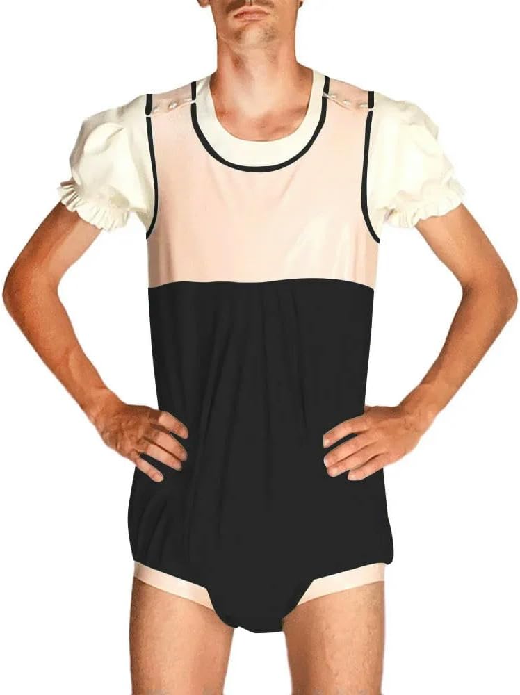 Men Sissy Crossdresser Leather Bodysuit Short Puff Sleeve Loose Overall Cosplay for Fetish Roleplay Party