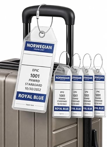 Norwegian Cruise Line Luggage Tag Holders (4 Pack) - fits NCL Print at Home Tags 2026-2027 sailings. Clear Waterproof PVC with Steel Loop Fasteners. Cruise Essentials