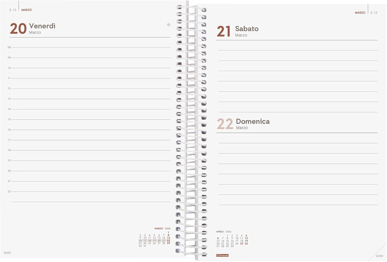 Finocam - Spiral Calendar 2026 1 Day per Page | January - December (12 Months) | Year Planner 2026 | Polypropylene Cover Spiral Design Collection - Time - Italian