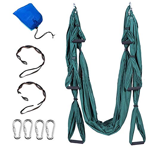 Hi Suyi Aerial Yoga hamaca antigravedad volar Swing Aerial Silks Yoga Pilates incluye Singing Rock  Mosquetón con extensión correas (accesorios opcionales), Verde oscuro