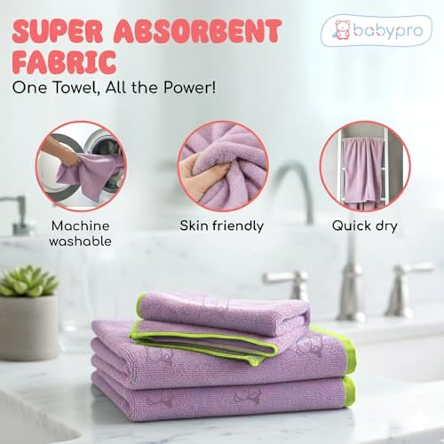 Image of BabyPro Microfiber Baby Bath Towel for Boys & Girls, 0-5 Years, 70 x 110 cm | 100%Cotton, Ultra Soft, Quick Dry, Ultra Absorbent, Lightweight, Lavender