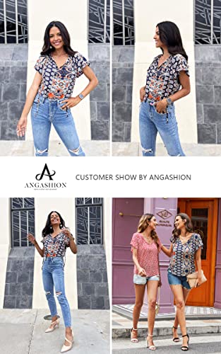 Angashion Women's Summer Tops Casual Floral Print V Neck Ruffle Short Sleeve Loose Tunic T Shirt Blouse Navy Blue S #TOP3