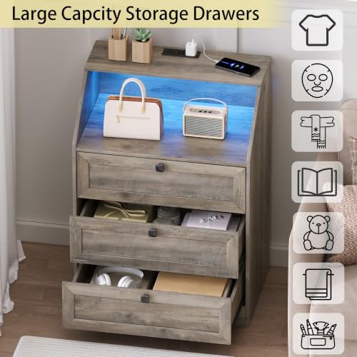 Image of Wodeer Grey Dresser 3 Drawer Nightstand, Wood Night Stand with LED Lights, Charging Station, Metal Handles, Modern Storage Cabinet and Organizer Drawers for Living Room, Hallway
