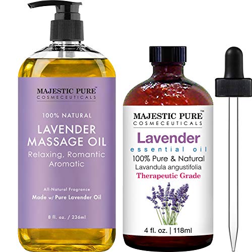 Majestic Pure Lavender Massage Oil, 8 fl oz and Pure Therapeutic Grade Bulgarian Lavender Oil, 4 fl oz Bundle