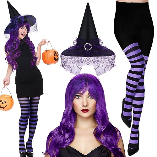 Jenpen XE-JENPEN-1717 3 Pcs Halloween Witch Costume Sets Vintage Witch Hat Purple Curly Synthetic Hair Horizontal Striped Tights Halloween Wig cover