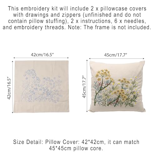 Image of 2 Set of Embroidery Pillow Kit Including Pillowcase Cover Cushion Case with Large Drawings and Zipper, Threads, Needles & Instruction Kits for Lace Crewel Craft, No Pillow Core (Lavender)