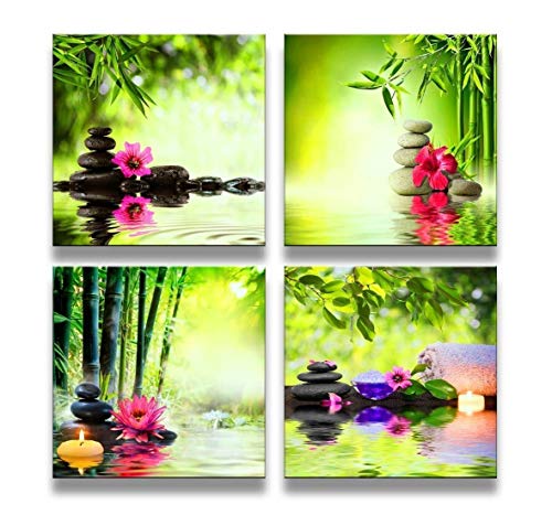 Canvas Prints Zen Art Wall Decor - Spa Massage Treatment Painting Picture Print on Canvas Framed Ready to Hang - Red Orchid Frangipani Bamboo Waterlily Black Stone in Garden - 4 Panel Giclee Art Work