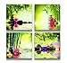 Canvas Prints Zen Art Wall Decor - Spa Massage Treatment Painting Picture Print on Canvas Framed Ready to Hang - Red Orchid Frangipani Bamboo Waterlily Black Stone in Garden - 4 Panel Giclee Art Work